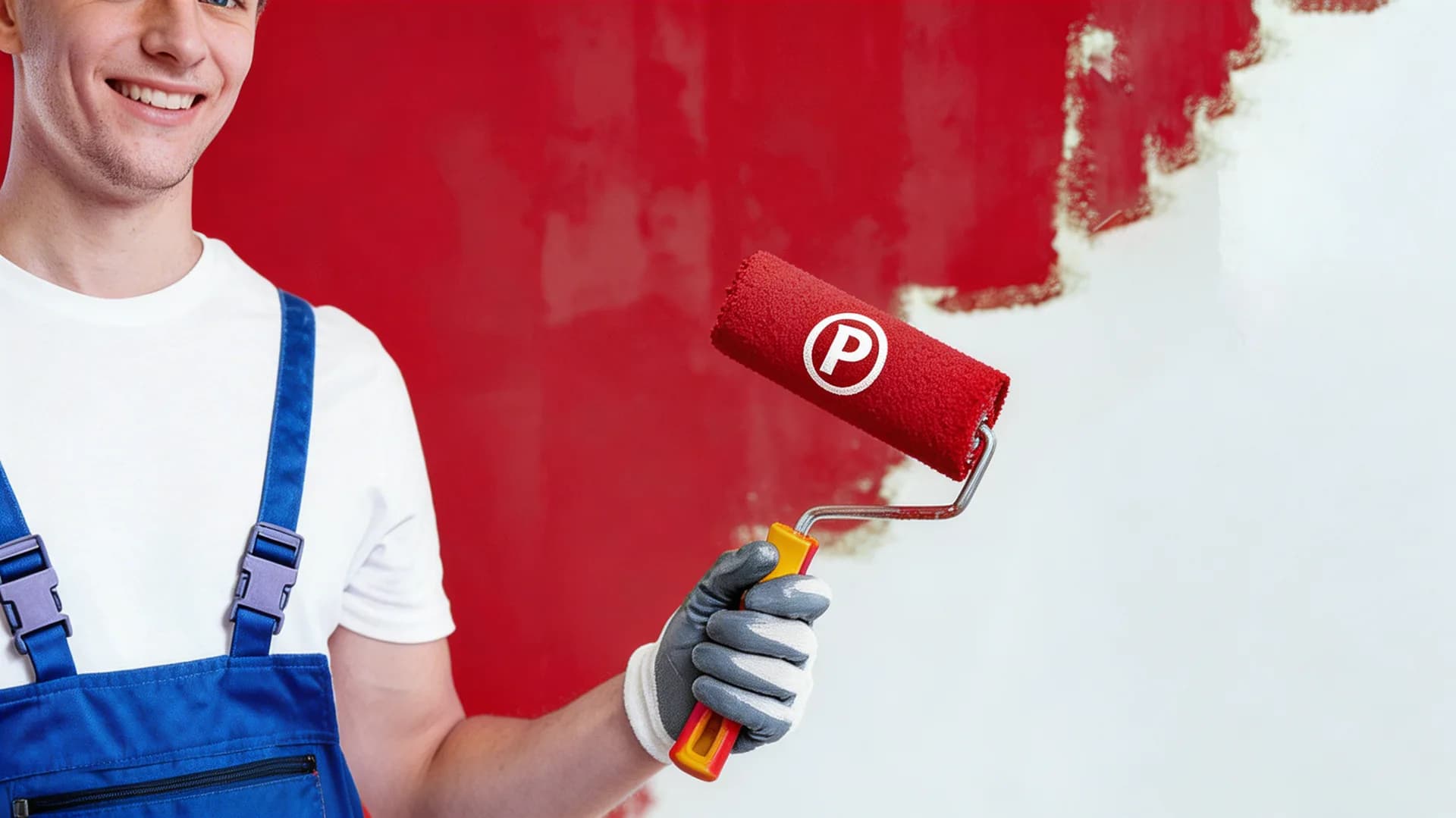 Professional painter using PETA roller to paint a wall red